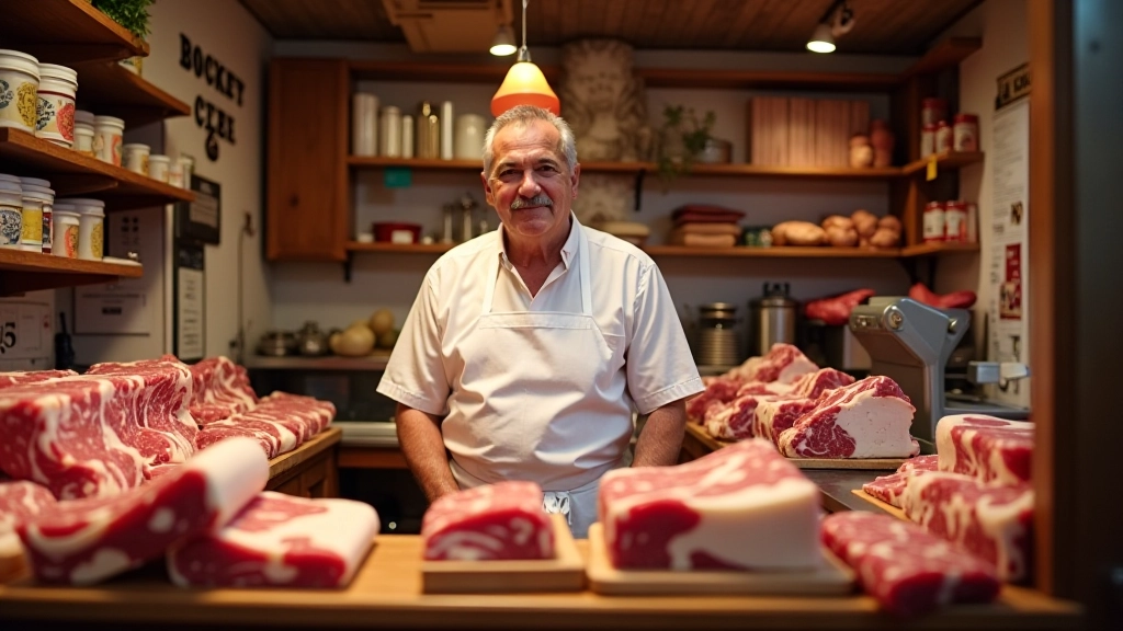 Interno di una macelleria storica a Trastevere, scaffali con carne fresca, proprietario dietro il bancone