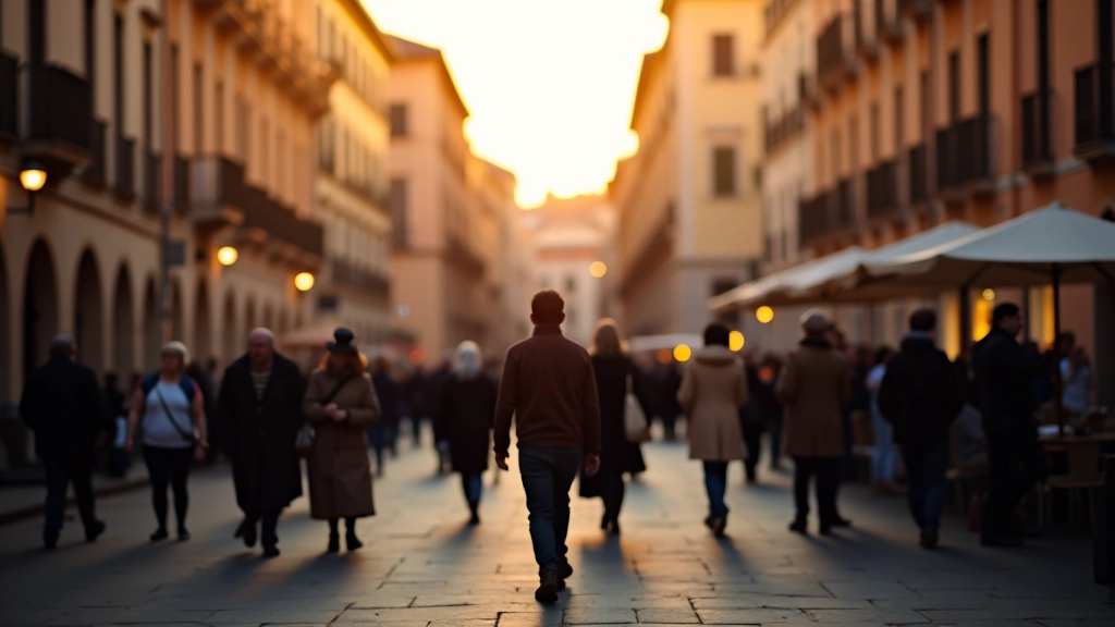 Passeggiata serale in piazza romana con abitanti che camminano