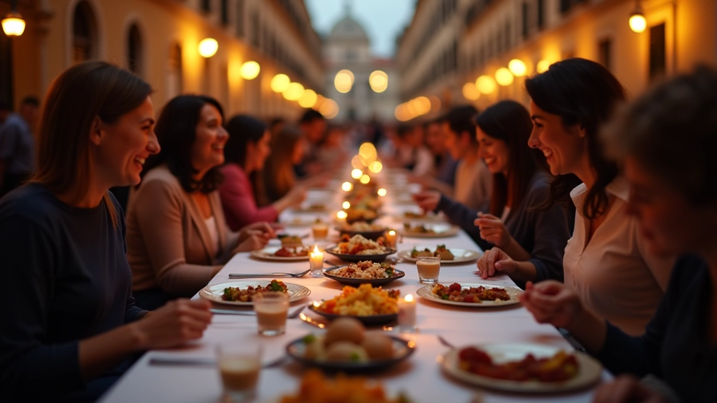 Tavoli da festa allestiti in una piazza romana con cibo tradizionale, persone che mangiano e conversano, atmosfera conviviale