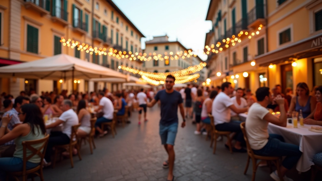 Piazza piena di persone durante una festa rionale estiva, con decorazioni colorate, tavoli da cena, musica dal vivo, atmosfera festosa
