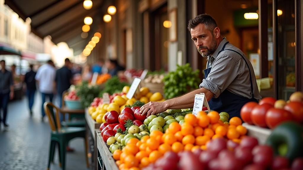 Mercato rionale romano con banchi di verdure e venditori